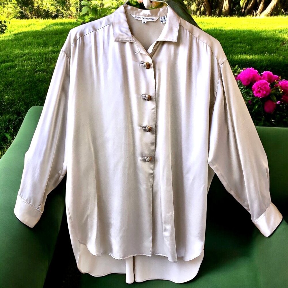 Anne Pinkerton Vintage 8O’s Korea Silk Button Down Blouse Shirt OVERSIZED